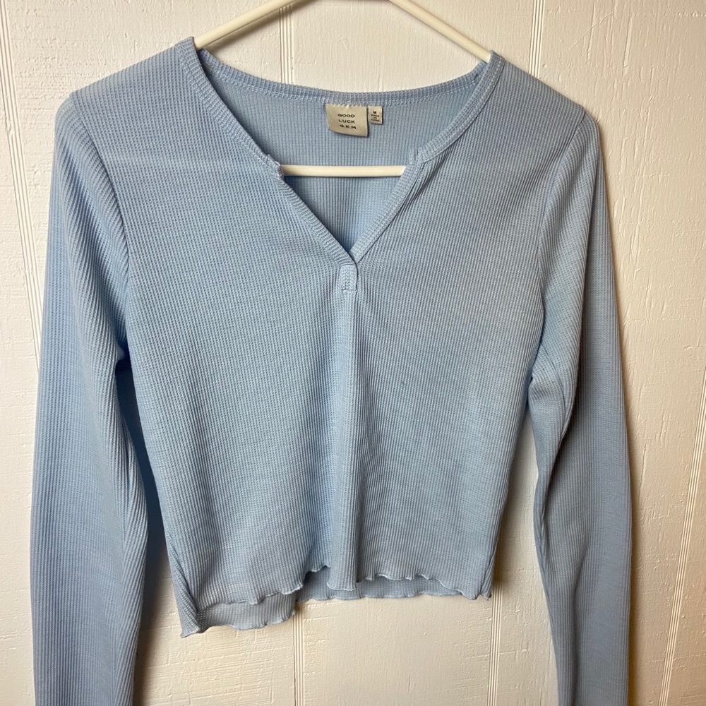 light blue waffle knit long sleeve shirt